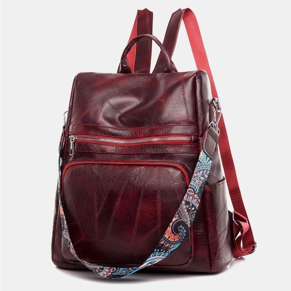 Wine Red PU Vegan Leather Backpack Purse Bag Multi Pocket main image 5